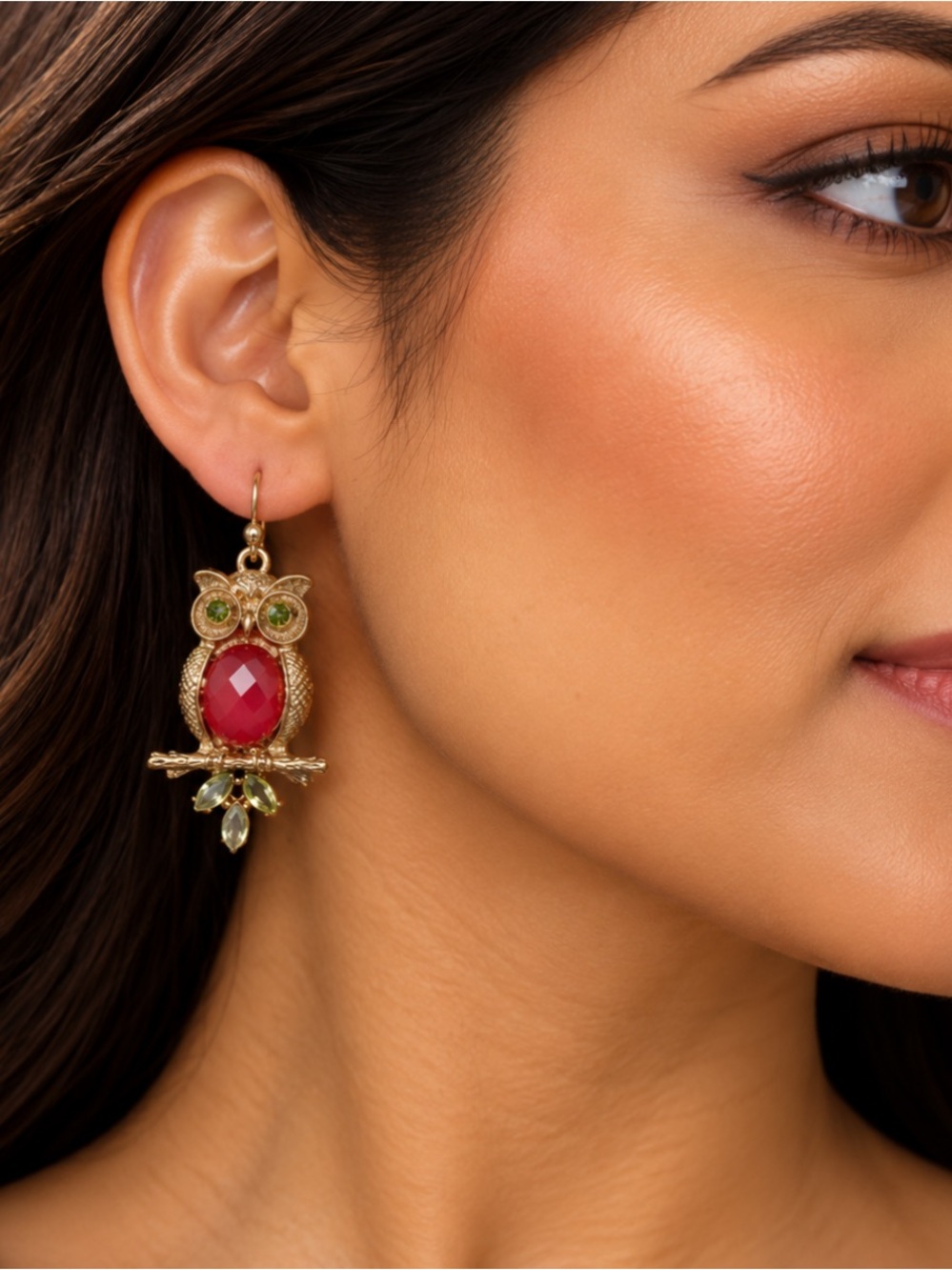 Gold Owl Drop Earrings with Red and Green Stones